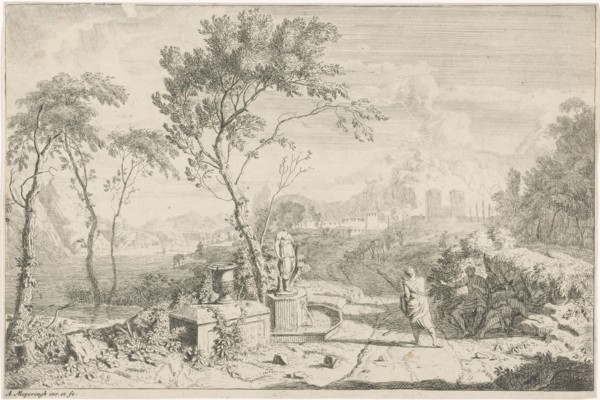 Landscape with a statue, Albert Meyeringh, 1665 - 1714