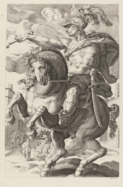 Marcus Curtius on horseback, print maker: Herman DaniÃ«l van Perls, Hendrick Goltzius, 1826 - 1830