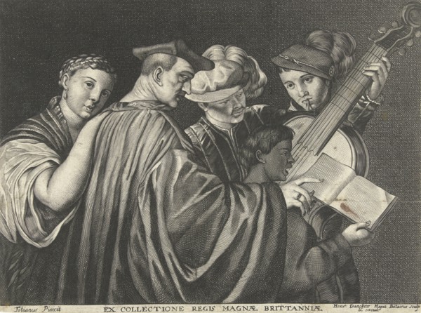 Three men, woman and boy singing and playing musical instruments, Hendrick Danckerts, 1635 - 1679