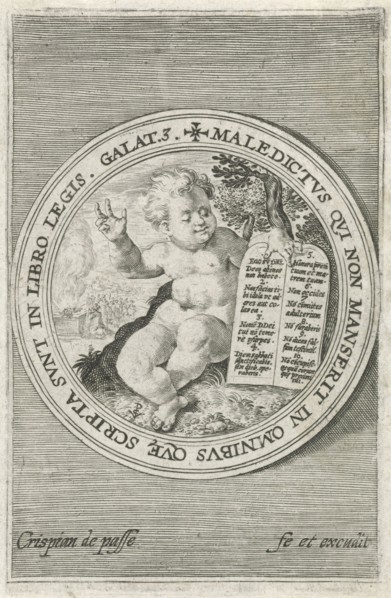 Putto with the tables of the law, Crispijn van de Passe I 1594