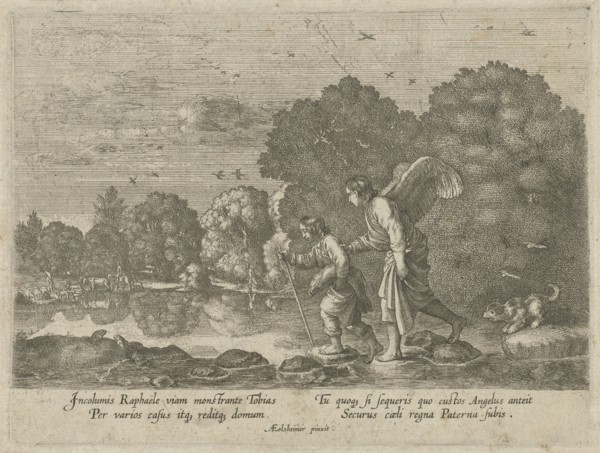 Tobias and the Angel in a river, Hendrick Goudt, Anonymous, 1608 - 1698