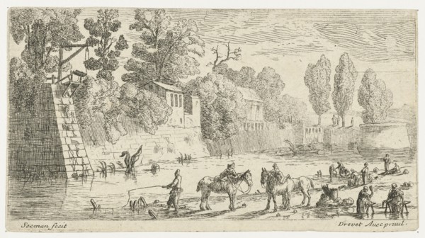 Women do laundry at a canal, Anonymous, Pierre Drevet, 1650 - 1738