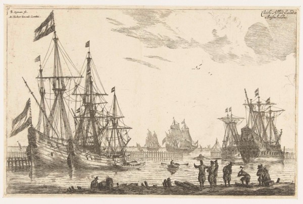 Four sailing behind a breakwater, Reinier Nooms, 1650 - before 1705