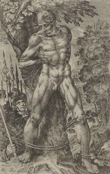 Achior tied to a tree, Pieter Feddes van Harlingen, 1615