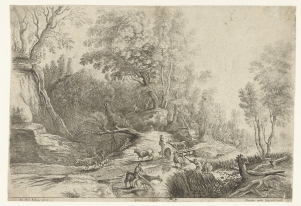 Horses and cows at a watering hole, Lucas van Uden, Frans van den Wijngaerde, 1615-1673
