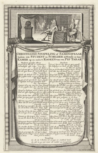 Dialogue between a student and a painter about smoking a pipe, 1700, print maker: Anonymous, print