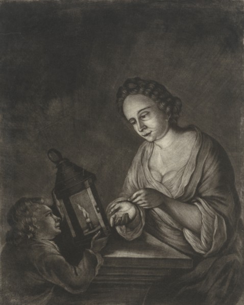 Boy receives money from a woman, print maker: Jacob Hoolaart, 1723 - 1789