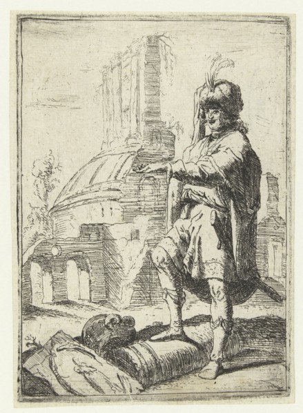 Self Portrait with Oriental dress standing in front of ruins, print maker: Bartholomeus Breenbergh,