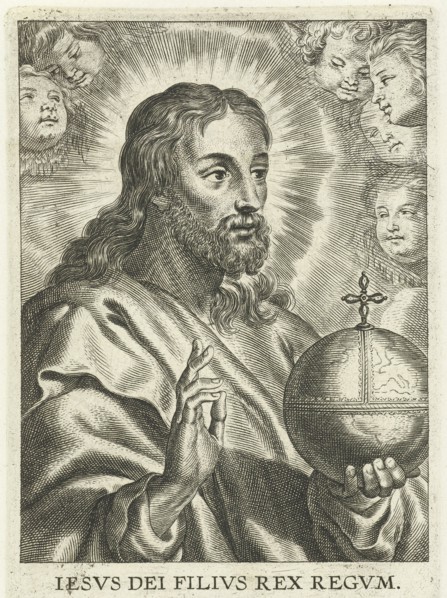 Christ as Salvator Mundi with cherubs, print maker: Schelte Adamsz. Bolswert, Peter Paul Rubens,