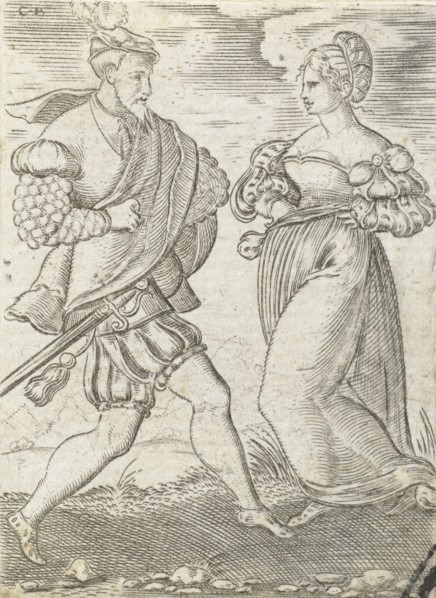 Dancing couple, the woman with hands on her hips, Cornelis Bos, Anonymous, c. 1537 - c. 1555