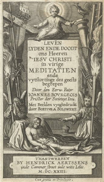 Frame for title with Christ Child and Christ dead and two angel with passion tools, BoÃ«tius Adamsz