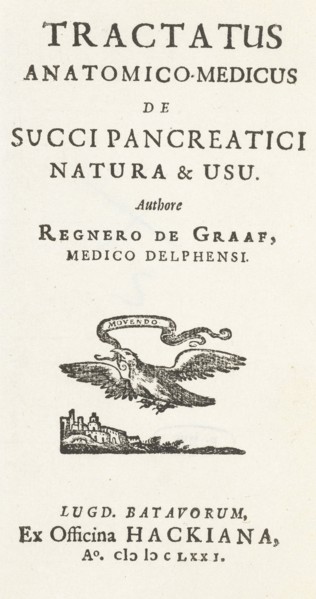 Title page for: Reinier de Graaf, Tractatus Anatomico-Paramedic succinate pancreatici kind & usu,