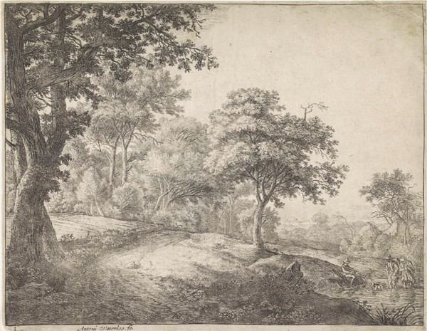 Two figures wading through a stream, Anthonie Waterloo, 1630 - 1663