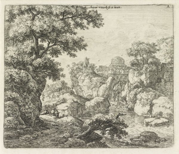 Cityscape with a waterfall, Anthonie Waterloo, 1630 - 1663