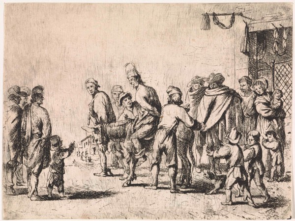 Man tied up on a donkey, print maker: Cornelis de Wael, 1630 - 1648
