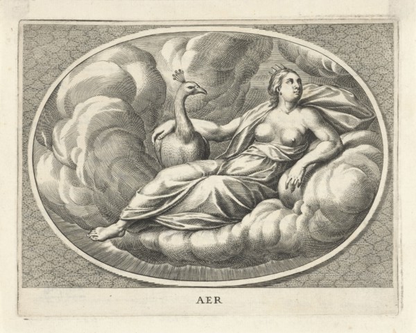 Female personifcatie element of air as the goddess Juno with peacock, Cornelis van Dalen (II), 1648