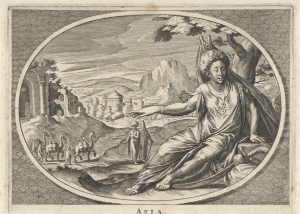 Female personification of continent of Asia as a woman with turban and saber in landscape with