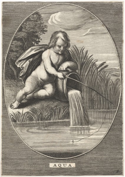 Element water as a child with fishing rod leaning on jar where water flows at shoreline in oval,
