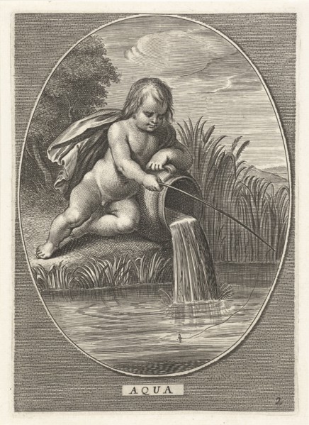 Element water as a child with fishing rod leaning on jar where water flows at shoreline in oval,