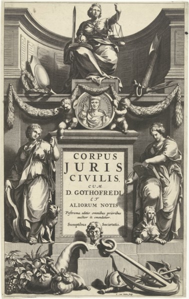 Justice enthroned above portrait of Justinian on base with title flanked by Temperance and