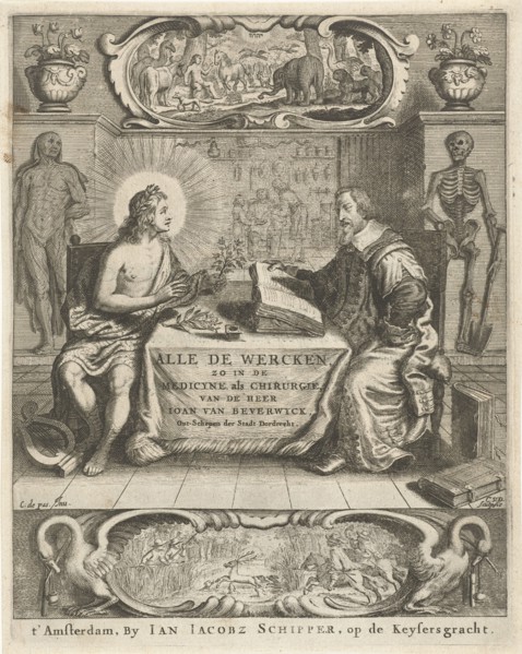 Physician Johan Beverwijk studying books about Apollo at the table in interior, Cornelis van Dalen