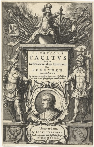 God enthroned on Mars column with war booty and portrait of Tacitus in cartouche flanked by two