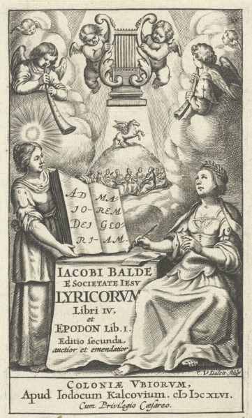 Female writes and draws inspiration from muses while angels playing musical instruments, Cornelis