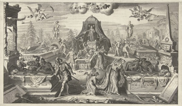 Men and women look in the opened tombs of historical figures, Cornelis van Dalen I, 1655