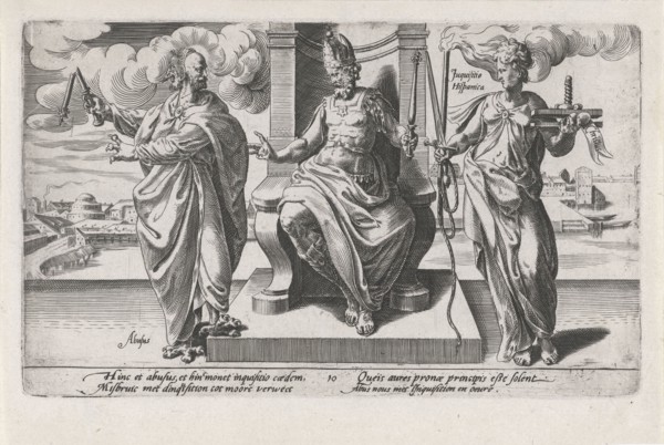Corrupt rulers and the Spanish Inquisition commit murder, print maker: Dirck Volckertsz Coornhert,