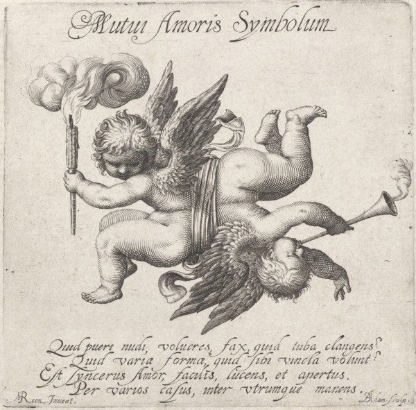Two times Amor connected by a ribbon with eachother, print maker: BoÃ«tius Adamsz. Bolswert, M.