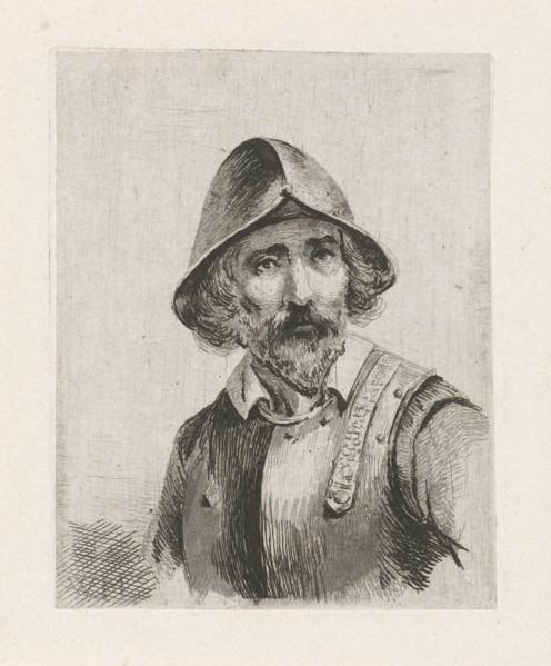 Man wearing armour and a helmet. print maker: Christiaan Wilhelmus Moorrees, 1811 - 1867