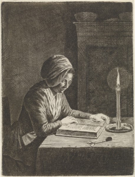 Dark room with woman reading, Johannes Christiaan Janson, 1778 - 1823