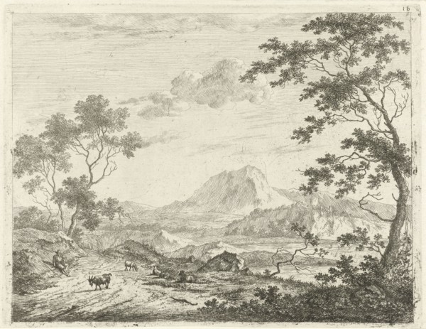 Mountainous landscape with resting shepherd, Johannes Janson, 1761-1784