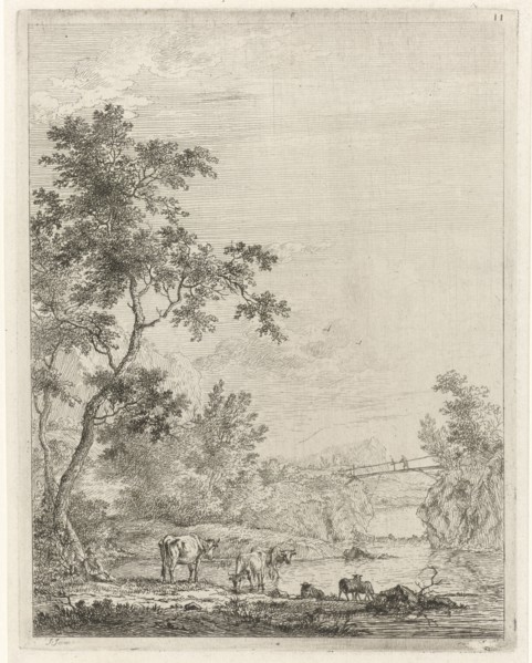 Mountainous landscape with shepherd and cattle by river, Johannes Janson, 1761-1784