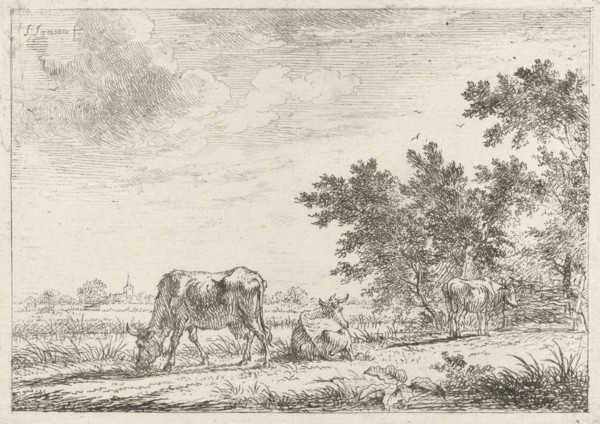 Three cows in pasture, John Janson, 1761-1784