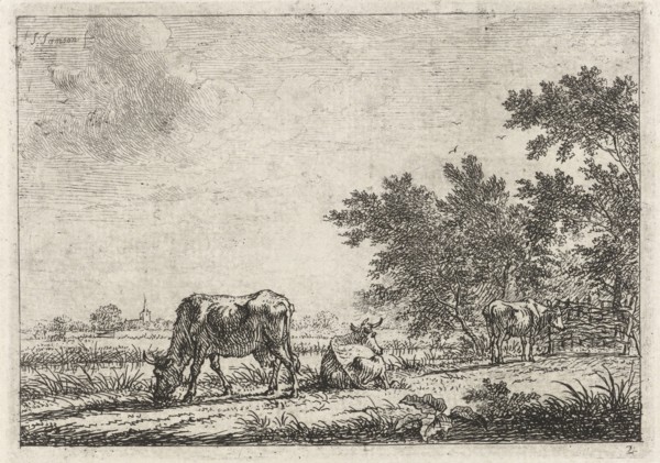 Three cows in pasture, Johannes Janson, 1761 - 1784