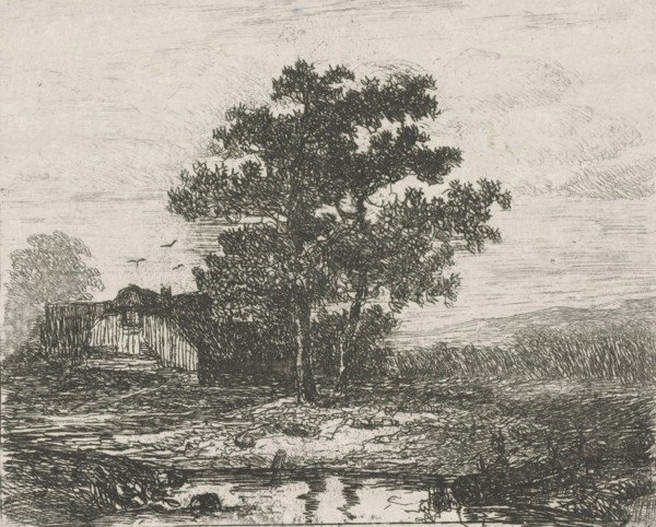Two oaks and a wooden house, Hermanus Jan Hendrik van Rijkelijkhuysen, 1823 - 1883