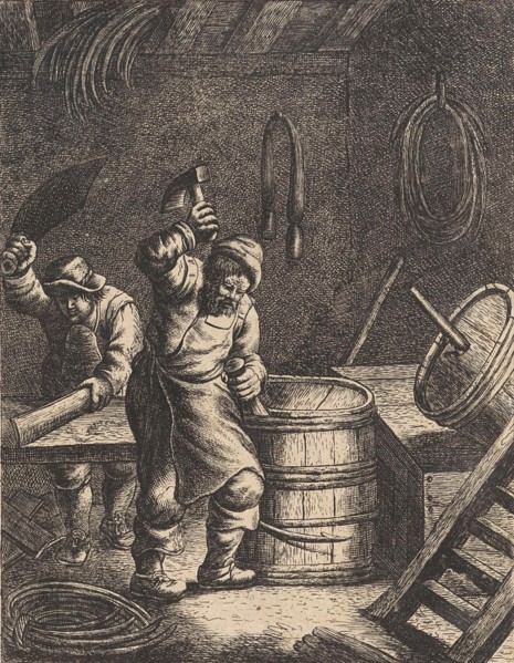 Cooper, someone who makes wooden, staved vessels, bound together with hoops and possessing flat