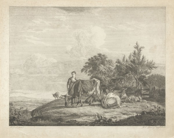 Landscape with shepherdess with her flock, print maker: Jacobus Cornelis Gaal, Pieter Gaal, 1852
