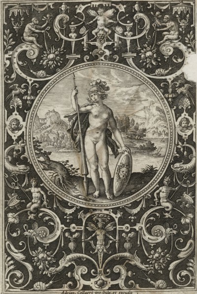 Medallion with Minerva with spear and shield with Medusa head in frame of grotesques with flowers,