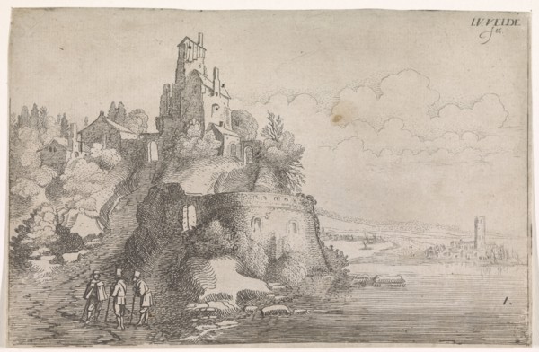 Figures at a fort in a river landscape, Jan van de Velde (II), 1603 - 1641