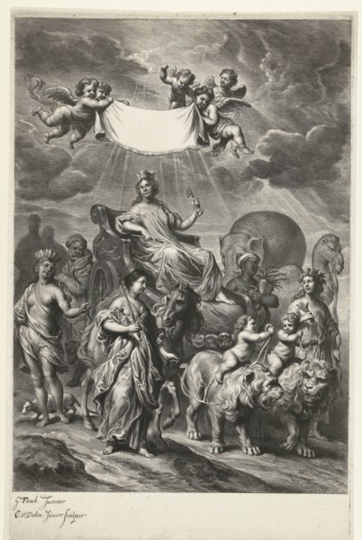 Female personification of Geography on chariot and continents America, Africa, Asia and Europe,