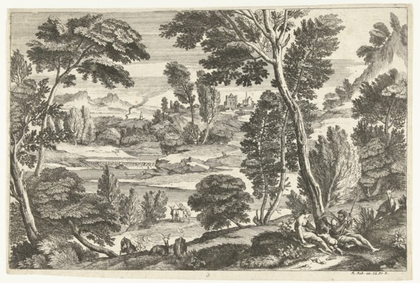 Family in landscape, print maker: Nicolas Guérard, Adriaen van der Kabel, N. Robert, 1648 - 1718