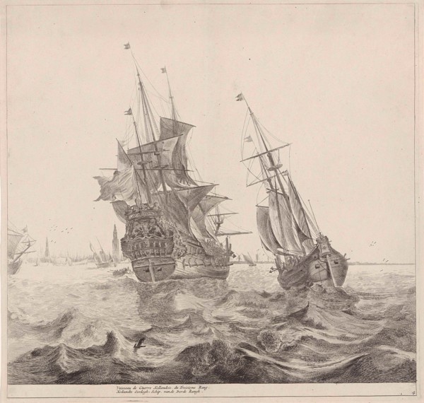 Dutch warship in Amsterdam, The Netherlands, print maker: Anonymous, Gerard Valck possibly, 1670 -