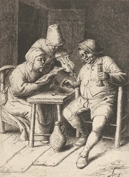 Violin Player and a singing man and woman, print maker: Adriaen van Ostade, Adriaen van Ostade,