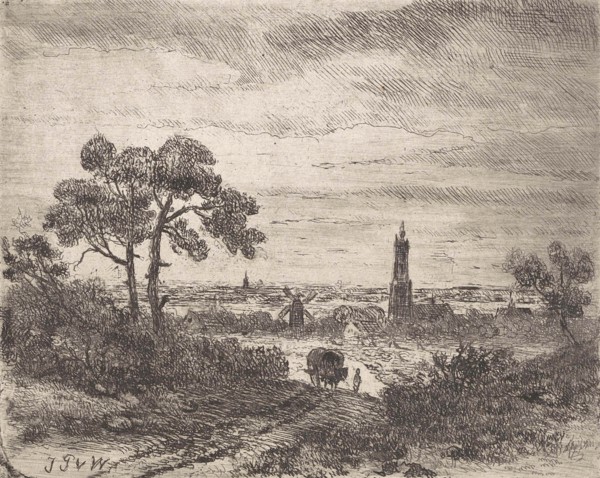 View of a city, Rhenen (?), With a church and a mill, leading a horse-drawn carriage with a figure