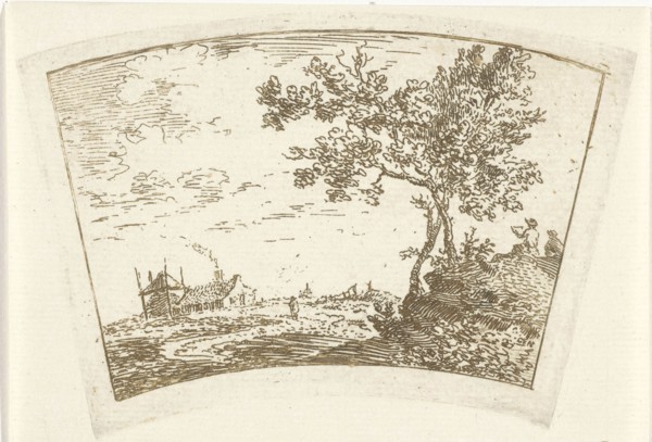 Landscape with a farm and a haystack left and right two figures on a hill, print maker: Cornelis