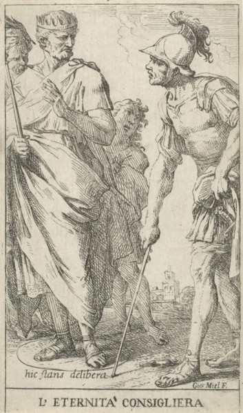 Roman consul Popilius Laenas draws a circle in the sand at the feet of King Antiochus IV Epiphanes,