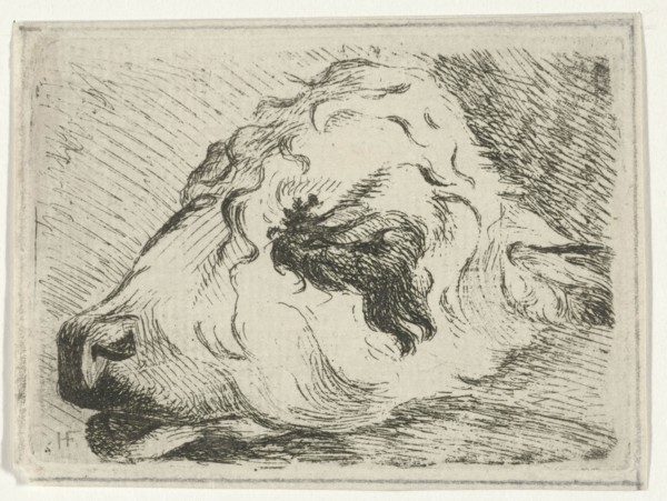 Head of a calf, in profile, resting on a beam, Hermanus Fock, 1781 - 1822