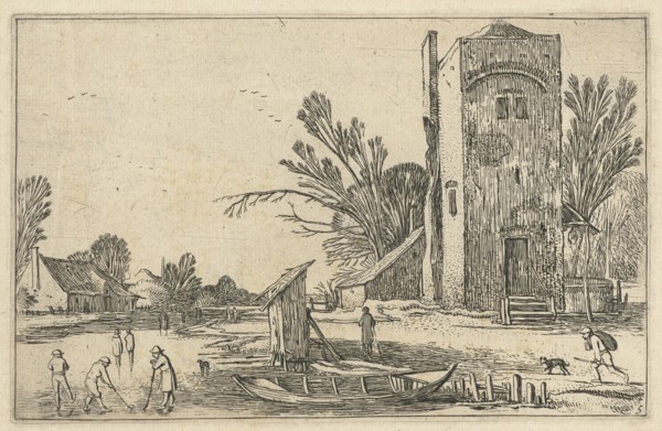 Square tower at a frozen river with flask players, Esaias van de Velde, 1614